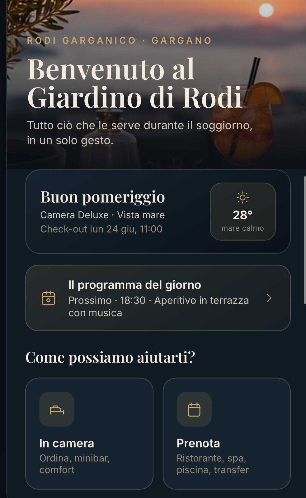 Anteprima dell'app ospite Cortése: home del soggiorno con meteo, programma del giorno e richieste
