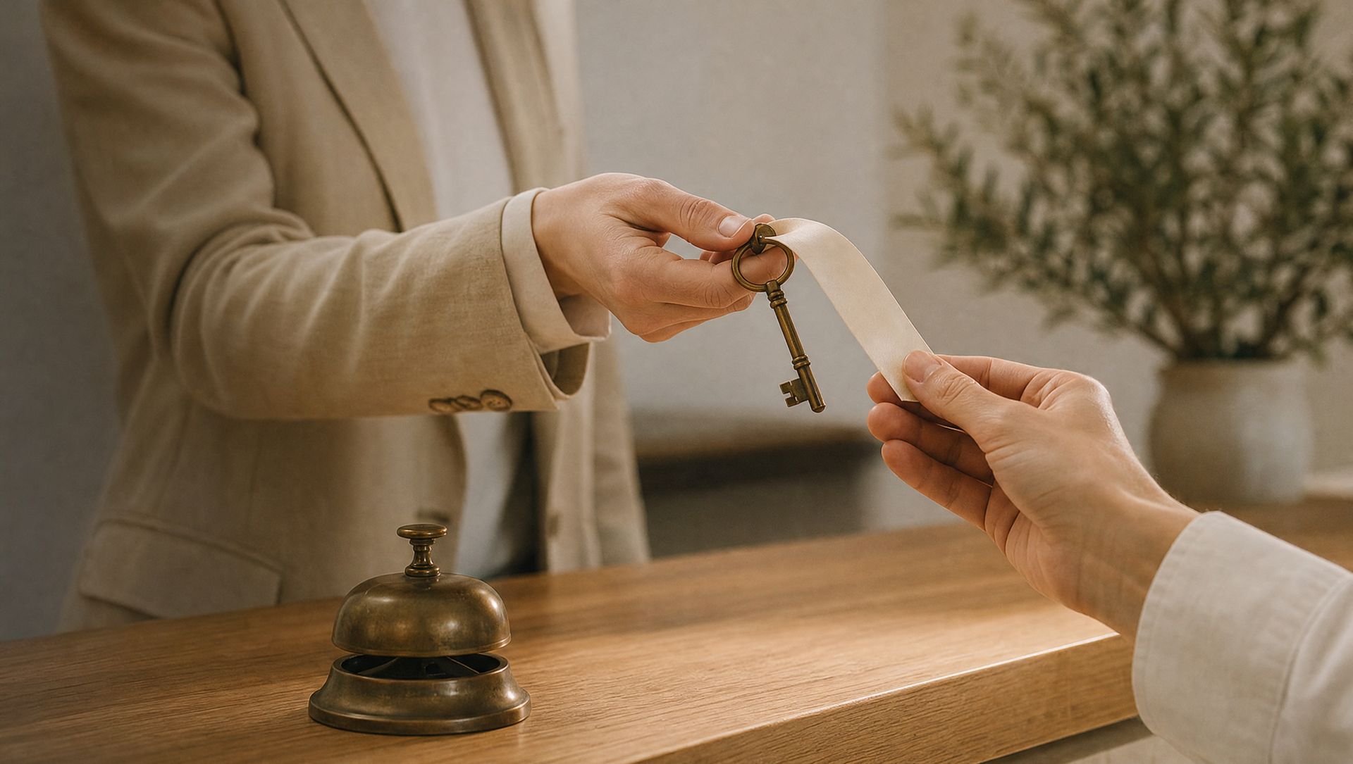 Un concierge consegna la chiave della camera sul banco della reception