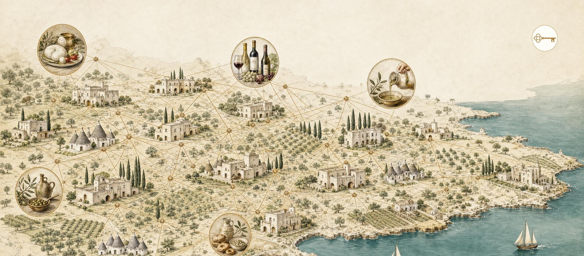 Mappa della Puglia: le strutture Cortése collegate da una rete di relazioni