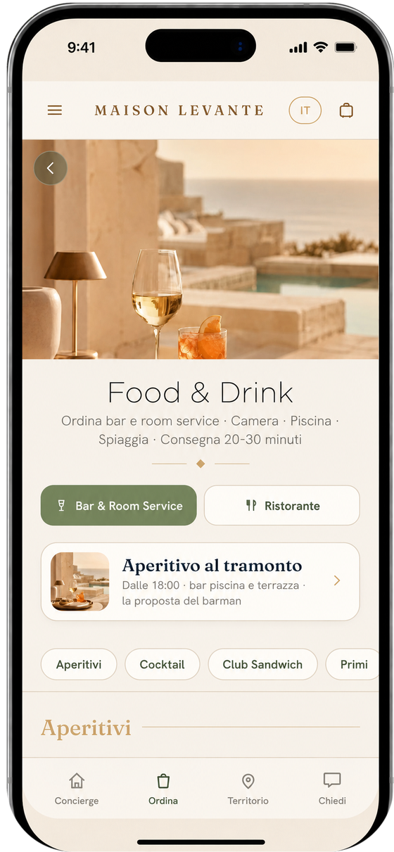 La pagina del bar di Cortése: ordini da camera, piscina e spiaggia